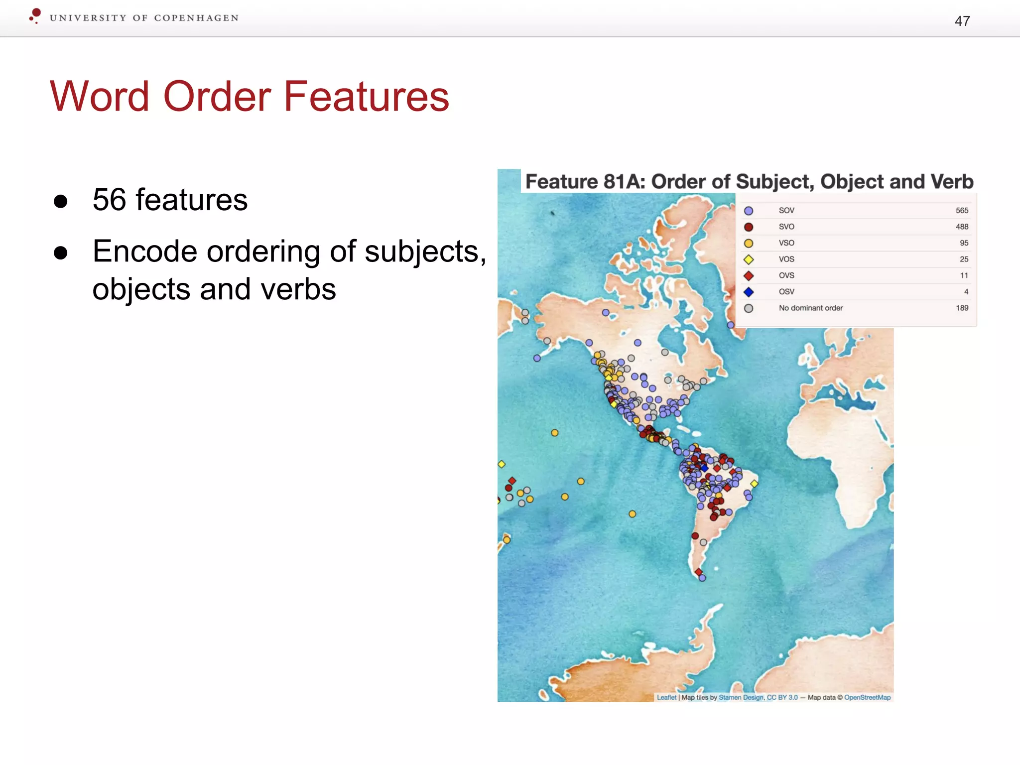 Word Order Features
47
● 56 features
● Encode ordering of subjects,
objects and verbs
 