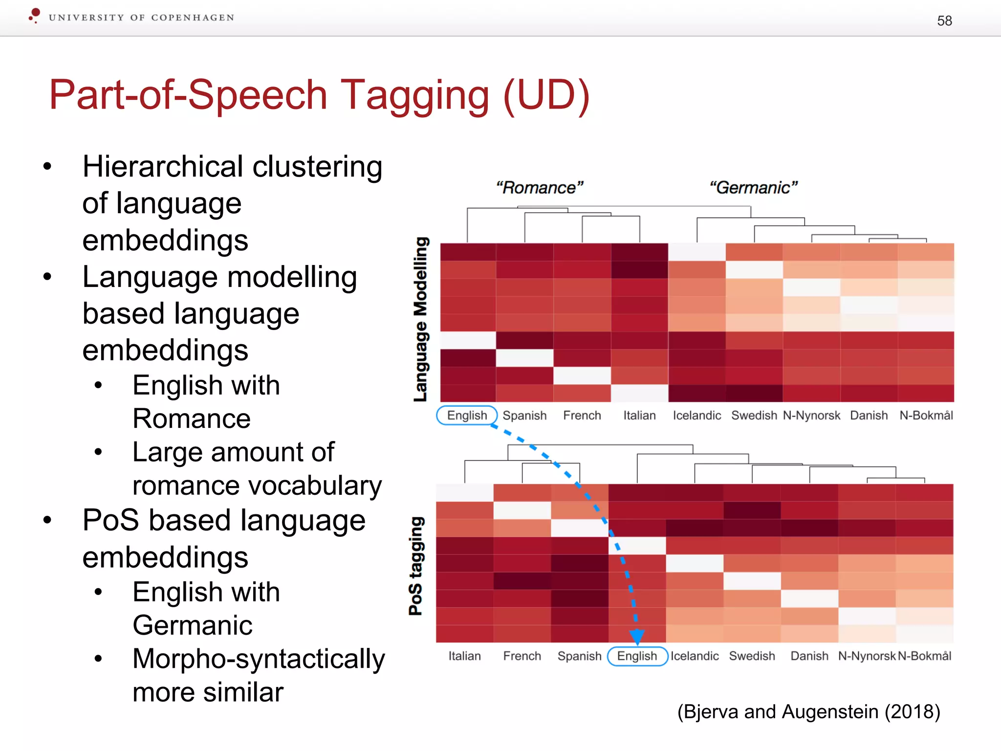 Part-of-Speech Tagging (UD)
58
• Hierarchical clustering
of language
embeddings
• Language modelling
based language
embeddings
• English with
Romance
• Large amount of
romance vocabulary
• PoS based language
embeddings
• English with
Germanic
• Morpho-syntactically
more similar
(Bjerva and Augenstein (2018)
 