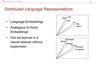 Distributed Language Representations
41
• Language Embeddings
• Analogous to Word
Embeddings
• Can be learned in a
neural network without
supervision
 