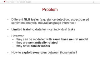 Problem
8
- Different NLU tasks (e.g. stance detection, aspect-based
sentiment analysis, natural language inference)
- Limited training data for most individual tasks
- However:
- they can be modelled with same base neural model
- they are semantically related
- they have similar labels
- How to exploit synergies between those tasks?
 