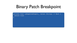 Binary Patch Breakpoint
private func isExpectedInput(_ value: String) -> Bool {
return true
}
 