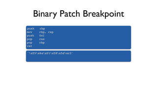 Binary Patch Breakpoint
push rbp 
mov rbp, rsp
push 0x1
pop rax
pop rbp
ret
'x55x6ax01x58x5dxc3'
 