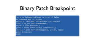 Binary Patch Breakpoint
br s -n isExpectedInput -o true -K false
br command add -s python
patch = 'x55xB8x01x00x00x00x5dxc3'
addr = bp_loc.GetLoadAddress()
error = lldb.SBError()
proc = frame.GetThread().GetProcess()
result = proc.WriteMemory(addr, patch, error)
proc.Continue()
DONE
 