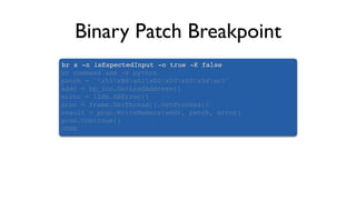 Binary Patch Breakpoint
br s -n isExpectedInput -o true -K false
br command add -s python
patch = 'x55xB8x01x00x00x00x5dxc3'
addr = bp_loc.GetLoadAddress()
error = lldb.SBError()
proc = frame.GetThread().GetProcess()
result = proc.WriteMemory(addr, patch, error)
proc.Continue()
DONE
 