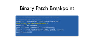 Binary Patch Breakpoint
br s -n isExpectedInput -o true -K false
br command add -s python
patch = 'x55xB8x01x00x00x00x5dxc3'
addr = bp_loc.GetLoadAddress()
error = lldb.SBError()
proc = frame.GetThread().GetProcess()
result = proc.WriteMemory(addr, patch, error)
proc.Continue()
DONE
 