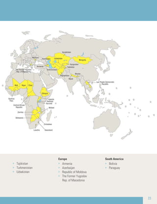 » Tajikistan
» Turkmenistan
» Uzbekistan
Europe
» Armenia
» Azerbaijan
» Republic of Moldova
» The Former Yugoslav
Rep. of Macedonia
South America
» Bolivia
» Paraguay
23
 