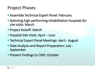 Project Phases
 Assemble Technical Expert Panel: February
 Selecting high-performing rehabilitation hospitals for
site visits: March
 Project Kickoff: March
 Hospital Site Visits: April – June
 Technical Expert Panel Meetings: April - August
 Date Analysis and Report Preparation: July -
September
 Present Findings to CMS: October
 