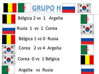 Bélgica 2 vs 1 Argelia 
Rusia 1 vs 1 Corea 
Bélgica 1 vs 0 Rusia 
Corea 2 vs 4 Argelia 
Corea 0 vs 1 Bélgica 
Argelia vs Rusia 
 