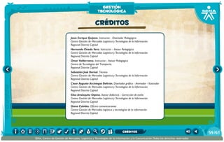 Jesús Enrique Quijano. Instructor - Diseñador Pedagógico
Centro Gestión de Mercados Logística y Tecnologías de la Información
Regional Distrito Capital
Hernando Oviedo Vera. Instructor - Asesor Pedagógico
Centro Gestión de Mercados Logística y Tecnologías de la Información
Regional Distrito Capital
Omar Valderrama. Instructor - Asesor Pedagógico
Centro de Tecnologías del Transporte,
Regional Distrito Capital
Sebastián José Bernal. Técnico
Centro Gestión de Mercados Logística y Tecnologías de la Información
Regional Distrito Capital
César Augusto Arciniegas Beltrán. Diseñador gráfico - Animador - Ilustrador
Centro Gestión de Mercados Logística y Tecnologías de la Información
Regional Distrito Capital
Elisa Amézquita Ospina. Asesor didáctico - Corrección de estilo
Centro Gestión de Mercados Logística y Tecnologías de la Información
Regional Distrito Capital
Diana Cubides. Oficina comunicaciones
Centro Gestión de Mercados logística y tecnologías de la información
Regional Distrito Capital
CRÉDITOS
gestión
tecnológica
/6159
SENA, Centro de Gestión de Mercados, Logística y Tecnologías de la Información y la Comunicación.Todos los derechos reservados
CRÉDITOS
 