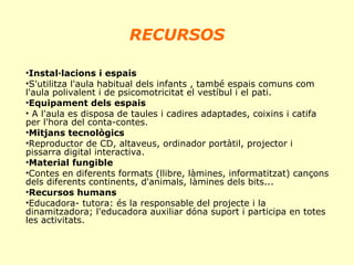 RECURSOS
•Instal·lacions i espais
•S'utilitza l'aula habitual dels infants , també espais comuns com
l'aula polivalent i de psicomotricitat el vestíbul i el pati.
•Equipament dels espais
• A l'aula es disposa de taules i cadires adaptades, coixins i catifa
per l'hora del conta-contes.
•Mitjans tecnològics
•Reproductor de CD, altaveus, ordinador portàtil, projector i
pissarra digital interactiva.
•Material fungible
•Contes en diferents formats (llibre, làmines, informatitzat) cançons
dels diferents continents, d'animals, làmines dels bits...
•Recursos humans
•Educadora- tutora: és la responsable del projecte i la
dinamitzadora; l'educadora auxiliar dóna suport i participa en totes
les activitats.

 