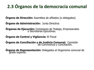 2.3 Órganos de la democracia comunal 
Órgano de Dirección: Asamblea de afiliados (o delegados) 
Órgano de Administración: Junta Directiva 
Órganos de Ejecución: Comisiones de Trabajo, Empresariales 
o Secretarías Ejecutivas. 
Órgano de Control y Vigilancia: El Fiscal 
Órgano de Conciliación y de Justicia Comunal: Comisión 
de Convivencia y Conciliación. 
Órgano de Representación: Delegados al Organismo comunal de 
grado superior. 
 