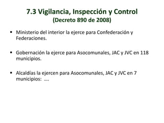 7.3 Vigilancia, Inspección y Control 
(Decreto 890 de 2008) 
 Ministerio del interior la ejerce para Confederación y 
Federaciones. 
 Gobernación la ejerce para Asocomunales, JAC y JVC en 118 
municipios. 
 Alcaldías la ejercen para Asocomunales, JAC y JVC en 7 
municipios: …. 
 