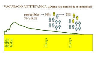VACUNACIÓ ANTITÈTANICA:  ¿Quina és la duració de la immunitat? 1a dosi 2a dosi 3a dosi 10 anys 20 anys 10% susceptibles %<10UI/l 28% 