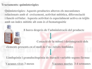 Tractaments: quimioteràpics Quimioteràpics: Aquests productes alteren els mecanismes  relacionats amb el  creixement, activitat mitòtica, diferenciació i funció cel·lular. Aquesta activitat és especialment activa en teijits  amb un índex mitòtic alt com és el hematopoètic 8 hores després de l’administració del producte Cessació de la mitosi i desintegració dels  elements presents en el moll de l’os i teixits limfoides Limfopènia i granulocitopènia de duració variable segons fàrmac Vacunes vives  3 mesos  Vacunes mortes   3-4 setmanes 