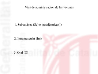 Vías de administración de las vacunas 1. Subcutánea (Sc) e intradérmica (I) 2. Intramuscular (Im) 3. Oral (O) 