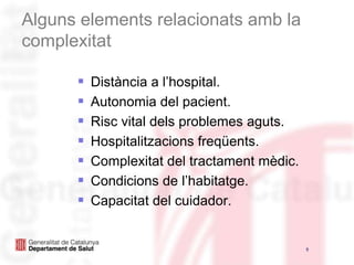 Algunselementsrelacionatsamb la complexitatDistància a l’hospital. Autonomia del pacient.Risc vital dels problemes aguts.Hospitalitzacions freqüents.Complexitat del tractament mèdic.Condicions de l’habitatge.Capacitat del cuidador.5