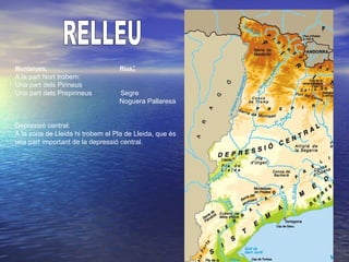 Muntanyes: Rius:
A la part Nort trobem:
Una part dels Pirineus
Una part dels Prepirineus Segre
Noguera Pallaresa
Depressió central:
A la zona de Lleida hi trobem el Pla de Lleida, que és
una part important de la depressió central.
 