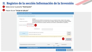 Seleccionar la pestaña “Estimación”
Hacer clic en “Iniciar el cálculo”
5
6
5
6
II. Registro de la sección Información de la Inversión
 