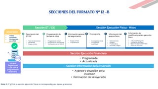 SECCIONES DEL FORMATO Nº 12 -B
Descripción del
ET/DE
Programación de
fechas de hitos
Cronograma Información del
avance físico
Información general
del seguimiento
Información de
modificaciones en ejecución
física
• Tipo de documento
• Modalidad
• Etapas e hitos
• Programación Inicial
• Programación actualizada
• Vinculación con el SEACE
• Etapas e hitos
• Programación
• Cronograma inicial
• Cronograma
modificado
• Valorizaciones
• Riesgos
• Problemática
• Acciones a seguir
• Adicional/Reducción
• Ampliación de Plazo
• Mayores Gastos Generales
• Mayores Metrados
A B A B C D
Sección Ejecución Física - Hitos
Sección ET / DE
Sección Ejecución Financiera
Sección Información de la inversión
• Programada
• Actualizada
• Avance y situación de la
inversión
• Estimación de la inversión
• Viable
• Aprobado
• Incorporado
en el PMI
Inversión
Inicia el
Registro del
F12B, con la
programación
financiera.
UEI
Nota: B, C y D de la sección ejecución física no corresponde para bienes y servicios.
 