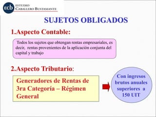 SUJETOS OBLIGADOS
1.Aspecto Contable:
Generadores de Rentas de
3ra Categoría – Régimen
General
Todos los sujetos que obtengan rentas empresariales, es
decir, rentas provenientes de la aplicación conjunta del
capital y trabajo
2.Aspecto Tributario:
Con ingresos
brutos anuales
superiores a
150 UIT
 