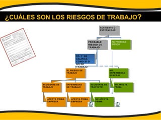 ACCIDENTE O
ENFERMEDAD
PROBABLE
RIESGO DE
TRABAJO
ST- 7 SE
CALIFICA
COMO SI O
NO DE
TRABAJO
SI, RIESGO DE
TRABAJO
ACCIDENTE DE
TRABAJO
AFECTA PRIMA
EMPRESA
ENFERMEDAD
DE TRABAJO
AFECTA PRIMA
EMPRESA
ACCIDENTE DE
TRAYECTO
NO AFECTA
PRIMA
NO,
ENFERMEDAD
GENERAL
NO AFECTA
PRIMA
NO PROBABLE
RIESGO
¿CUÁLES SON LOS RIESGOS DE TRABAJO?
 