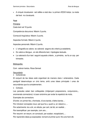 Seminari primària - Secundaria

•

Àrea de llengua

A cinquè s'avaluaran set ratlles a sisè deu i a primer d'ESO tretze. La resta
del text no s'avaluarà.

Text
Primària
Cada text val 10 punts
Competència discursiva: Màxim 3 punts.
Correcció lingüística: Màxim 3 punts.
Aspectes formals: Màxim 2 punts.
Aspectes personals: Màxim 2 punts.
•

L' ortografia es valora es valorarà segons els criteris ja establerts.

•

Es valora a llengua , en els diferents text, i tipologies textuals.

•

La valoració d'un text seguint aquests criteris , a primària, es fa un cop per
trimestre.

Bibliografia:
Com valorar textos. Rosa Sensat
Secundaria
• Coherència
El conjunt de les idees està organitzat de manera clara i entenedora. Cada
paràgraf desenvolupa un únic tema, amb unes idees principals i unes de
secundàries que la complementen.
•

Cohesió.

Les paraules estan ben enllaçades (mitjançant preposicions, conjuncions,..
anomenats connectors) i s'usen sinònims per evitar la repetició de mots.
Exemples de connectors:
D'ordre: en primer lloc, d'entrada, d'una banda, d'altra banda…
Per introduir conceptes nous: pel que fa a, quant a, en relació a….
Per aclariments: és a dir, en efecte, per cert, de fet, en realitat…
Per exemplificar: per exemple, com ara…
Per resumir: en resum, en conclusió, per acabar, recapitulant,…
Per reprendre idees ja exposades: tornant al primer punt, fins ara hem dit.

 