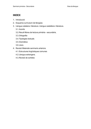 Seminari primària - Secundaria

INDEX
1. Introducció
2. Esquema currículum de llengües
3. Llengua catalana i literatura. Llengua castellana i literatura.
3.1. Acords
3.2. Recull llibres de lectura primària - secundària.
3.3. Ortografia
3.4. Tipologies textuals
3.5. Gramàtica
3.6. Lèxic.
4. Revisió Materials seminaris anteriors
4.1. Estructures lingüístiques comunes
4.2. Llengua estrangera.
4.3. Revisió de sortides

Àrea de llengua

 