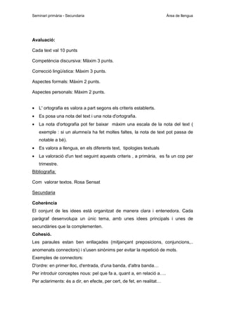 Seminari primària - Secundaria

Àrea de llengua

Avaluació:
Cada text val 10 punts
Competència discursiva: Màxim 3 punts.
Correcció lingüística: Màxim 3 punts.
Aspectes formals: Màxim 2 punts.
Aspectes personals: Màxim 2 punts.
•

L' ortografia es valora a part segons els criteris establerts.

•

Es posa una nota del text i una nota d'ortografia.

•

La nota d'ortografia pot fer baixar màxim una escala de la nota del text (
exemple : si un alumne/a ha fet moltes faltes, la nota de text pot passa de
notable a bé).

•

Es valora a llengua, en els diferents text, tipologies textuals

•

La valoració d'un text seguint aquests criteris , a primària, es fa un cop per
trimestre.

Bibliografia:
Com valorar textos. Rosa Sensat
Secundaria
Coherència
El conjunt de les idees està organitzat de manera clara i entenedora. Cada
paràgraf desenvolupa un únic tema, amb unes idees principals i unes de
secundàries que la complementen.
Cohesió.
Les paraules estan ben enllaçades (mitjançant preposicions, conjuncions,..
anomenats connectors) i s'usen sinònims per evitar la repetició de mots.
Exemples de connectors:
D'ordre: en primer lloc, d'entrada, d'una banda, d'altra banda…
Per introduir conceptes nous: pel que fa a, quant a, en relació a….
Per aclariments: és a dir, en efecte, per cert, de fet, en realitat…

 