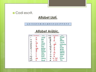  Codi   escrit.
                    Alfabet Llatí.



                   Alfabet Aràbic.
 