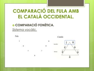 COMPARACIÓ DEL FULA AMB
 EL CATALÀ OCCIDENTAL.
 COMPARACIÓ             FONÈTICA.
Sistema vocàlic.
 Fula:                                Català:
         i                        u

             e                o

                 ɛ        ɔ

                     a
 
