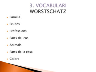  Familia
 Fruites
 Professions
 Parts del cos
 Animals
 Parts de la casa
 Colors
 