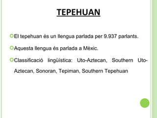 TEPEHUAN El tepehuan és un llengua parlada per 9.937 parlants. Aquesta llengua és parlada a Mèxic. Classificació lingüística:  Uto-Aztecan, Southern Uto-Aztecan, Sonoran, Tepiman, Southern Tepehuan 