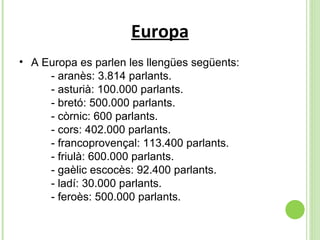 Europa A Europa es parlen les llengües següents: - aranès: 3.814 parlants. - asturià: 100.000 parlants. - bretó: 500.000 parlants. - còrnic: 600 parlants. - cors: 402.000 parlants. - francoprovençal: 113.400 parlants. - friulà: 600.000 parlants. - gaèlic escocès: 92.400 parlants. - ladí: 30.000 parlants. - feroès: 500.000 parlants. 