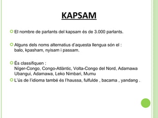 KAPSAM El nombre de parlants del kapsam és de 3.000 parlants. Alguns dels noms alternatius d’aquesta llengua són el : balo, kpasham, nyisam i passam. És classifiquen :  Níger-Congo, Congo-Atlàntic, Volta-Congo del Nord, Adamawa Ubangui, Adamawa, Leko Nimbari, Mumu L’ús de l’idioma també és l’haussa, fulfulde , bacama , yandang . 