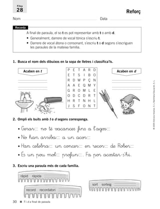 30
©2005EdicionsVoramar,S.L./SantillanaEducación,S.L.
■ T i d a final de paraula
Reforç
Nom Data
Fitxa
28
Recorda
A final de paraula, el so t es pot representar amb t o amb d.
• Generalment, darrere de vocal tònica s’escriu t.
• Darrere de vocal àtona o consonant, s’escriu t o d segons s’escriguen
les paraules de la mateixa família.
1. Busca el nom dels dibuixos en la sopa de lletres i classifica’ls.
2. Ompli els buits amb t o d segons corresponga.
Acaben en t Acaben en d
• Gerar no †Æ vacan©eﬁ finﬁ å ¬´agos
• No ha> arriba å u> acor
• Ha> ©e¬ebra u> con©er e> ®ecor ∂æ Ro∫±®
• Éﬁ u> po¤ mol pro‡un . Få po® acosta®-ﬁ´h^.
3. Escriu una paraula més de cada família.
ràpid ràpida
record recordatori
sort sorteig
P E T A R D
E T S I B O
R D W P Ç N
A A E Q M Y
G R O M L E
O D C D R T
H R T N H L
J S F O N T
785503 _ 0003-0048.qxd 8/2/05 17:24 Página 30
 