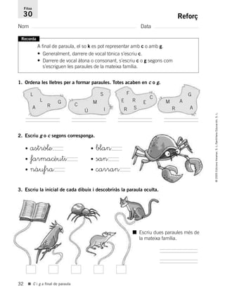 32
©2005EdicionsVoramar,S.L./SantillanaEducación,S.L.
■ C i g a final de paraula
Reforç
Nom Data
Fitxa
30
Recorda
A final de paraula, el so k es pot representar amb c o amb g.
• Generalment, darrere de vocal tònica s’escriu c.
• Darrere de vocal àtona o consonant, s’escriu c o g segons com
s’escriguen les paraules de la mateixa família.
1. Ordena les lletres per a formar paraules. Totes acaben en c o g.
2. Escriu g o c segons corresponga.
3. Escriu la inicial de cada dibuix i descobriràs la paraula oculta.
L
A R
GL
Ú
C
S
I
M
F
E
R
C
E
S
R M
R
G
A
A
• astrò¬e
• farma©èuti
• nàu‡ra
•
•
• blan
• san
• carran
■ Escriu dues paraules més de
la mateixa família.
785503 _ 0003-0048.qxd 8/2/05 17:24 Página 32
 