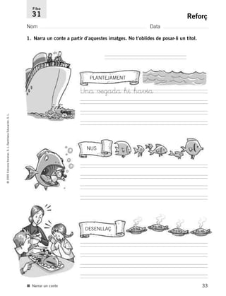 33
©2005EdicionsVoramar,S.L./SantillanaEducación,S.L.
Reforç
Nom Data
Fitxa
31
■ Narrar un conte
1. Narra un conte a partir d’aquestes imatges. No t’oblides de posar-li un títol.
PLANTEJAMENT
NUS
DESENLLAÇ
Unå √±gadå h^ haviå
785503 _ 0003-0048.qxd 8/2/05 17:24 Página 33
 