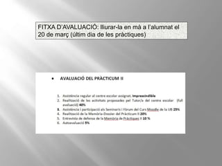 FITXA D’AVALUACIÓ: lliurar-la en mà a l’alumnat el
20 de març (últim dia de les pràctiques)
 