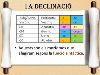 1a declinació
• Aquests són els morfemes que
afegirem segons la funció sintàctica.
 