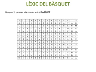 LÈXIC DEL BÀSQUET Busqueu 12 paraules relacionades amb el  BÀSQUET P C U R S A D E F O N S V T S A I L E O L T R E L U A T A R L C V D G H J K M O A G L U M T V A O Q S C V N C K T O P R T N N L T W Q T I R A S C O A E E Ç M G D N E J E B L I L L U M A A T L E U A C H E E N L Q S M A A V W Q I X G S A R E S I E S A Q Ç S L J I A T P T A T N J F A T A M A R B E L S B A S Q U E T B O L R I O P I I L P A L G H J K L P G U Y C N T E L O L E S C O R T A G N I A A M H Y I R E W Q A X D E M E C A T T O V I P R E L A A 