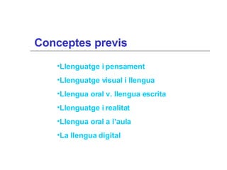 Llenguatge i pensament Llenguatge visual i llengua  Llengua oral v. llengua escrita Llenguatge i realitat Llengua oral a l’aula La llengua digital Conceptes previs 