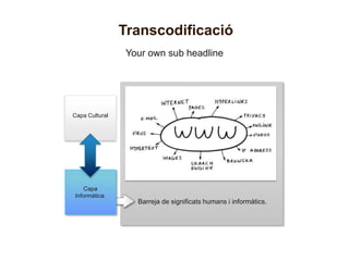 Transcodificació
                 Your own sub headline




Capa Cultural




    Capa
Informàtica.
                   Barreja de significats humans i informàtics.
 