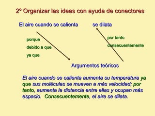 2º Organizar las ideas con ayuda de conectores

 El aire cuando se calienta    se dilata

    porque                           por tanto

    debido a que                     consecuentemente

    ya que

                       Argumentos teóricos

  El aire cuando se calienta aumenta su temperatura ya
  que sus moléculas se mueven a más velocidad; por
  tanto, aumenta la distancia entre ellas y ocupan más
  espacio. Consecuentemente, el aire se dilata.
 