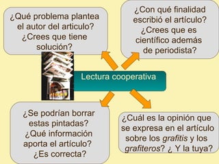 ¿Con qué finalidad
¿Qué problema plantea          escribió el artículo?
 el autor del articulo?          ¿Crees que es
  ¿Crees que tiene              científico además
      solución?                   de periodista?


                  Lectura cooperativa



   ¿Se podrían borrar
                            ¿Cuál es la opinión que
    estas pintadas?
                            se expresa en el artículo
   ¿Qué información
                             sobre los grafitis y los
   aporta el artículo?
                             grafiteros? ¿ Y la tuya?
     ¿Es correcta?
 