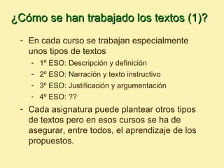 ¿Cómo se han trabajado los textos (1)?
 - En cada curso se trabajan especialmente
   unos tipos de textos
   - 1º ESO: Descripción y definición
   - 2º ESO: Narración y texto instructivo
   - 3º ESO: Justificación y argumentación
   - 4º ESO: ??
 - Cada asignatura puede plantear otros tipos
   de textos pero en esos cursos se ha de
   asegurar, entre todos, el aprendizaje de los
   propuestos.
 