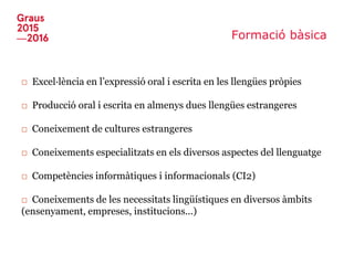 Formació bàsica
□ Excel·lència en l’expressió oral i escrita en les llengües pròpies
□ Producció oral i escrita en almenys dues llengües estrangeres
□ Coneixement de cultures estrangeres
□ Coneixements especialitzats en els diversos aspectes del llenguatge
□ Competències informàtiques i informacionals (CI2)
□ Coneixements de les necessitats lingüístiques en diversos àmbits
(ensenyament, empreses, institucions...)
 