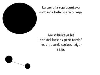 La terra la representava amb una bola negra o roija. Així dibuixava les constel·lacions però també les unia amb corbes i ziga-zaga. 