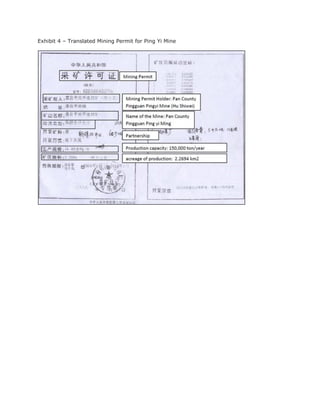Exhibit 4 – Translated Mining Permit for Ping Yi Mine
 
