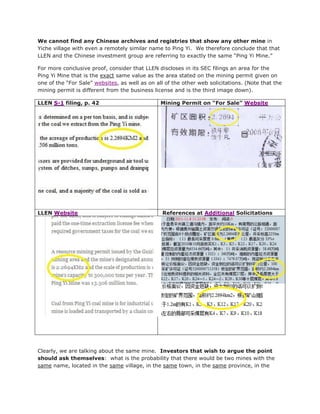 We cannot find any Chinese archives and registries that show any other mine in
Yiche village with even a remotely similar name to Ping Yi. We therefore conclude that that
LLEN and the Chinese investment group are referring to exactly the same “Ping Yi Mine.”

For more conclusive proof, consider that LLEN discloses in its SEC filings an area for the
Ping Yi Mine that is the exact same value as the area stated on the mining permit given on
one of the “For Sale” websites, as well as on all of the other web solicitations. (Note that the
mining permit is different from the business license and is the third image down).

LLEN S-1 filing, p. 42                          Mining Permit on “For Sale” Website




LLEN Website                                     References at Additional Solicitations




Clearly, we are talking about the same mine. Investors that wish to argue the point
should ask themselves: what is the probability that there would be two mines with the
same name, located in the same village, in the same town, in the same province, in the
 