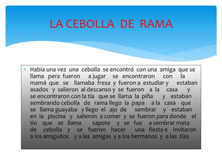 LA CEBOLLA DE RAMA 
 Había una vez una cebolla se encontró con una amiga que se 
llama pera fueron a jugar se encontraron con la 
mamá que se llamaba fresa y fueron a estudiar y estaban 
asados y salieron al descanso y se fueron a la casa y 
se encontraron con la tía que se llama la piña y estaban 
sembrando cebolla de rama llego la papa a la casa que 
se llama guayaba y llego el ajo de sembrar y estaban 
en la piscina y salieron a comer y se fueron para donde el 
tío que se llama sapote y se fue a sembrar mata 
de cebolla y se fueron hacer una fiesta e invitaron 
a los amiguitos y a las amigas y a los hermanos y a las tías 
 